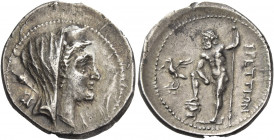 Greek Coins. Bruttium, Brettii. 
Drachm circa 213-208, AR 4.76 g. Diademed and veiled head of Thetis r., wearing earring and beaded necklace; on far ...
