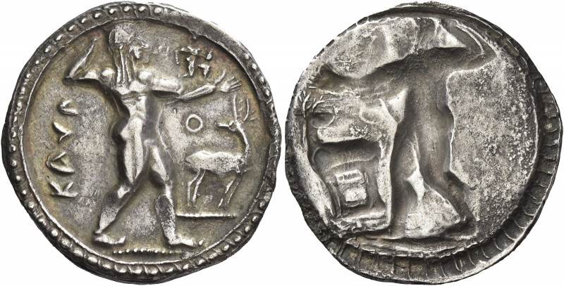 Greek Coins. Caulonia. 
Nomos circa 525-500, AR 7.76 g. KAVΛ Apollo walking r.,...