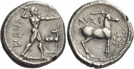 Greek Coins. Caulonia. 
Nomos circa 450-445, AR 8.13 g. KAVΛ Apollo walking r., holding laurel branch and small daimon running r.; in lower r. field,...