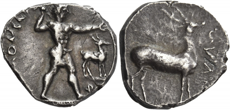 Greek Coins. Caulonia. 
Nomos circa 425-420, AR 7.90 g. [ΚΑΥΛΟΝ]ΣΑΤΑΝ Apollo wa...