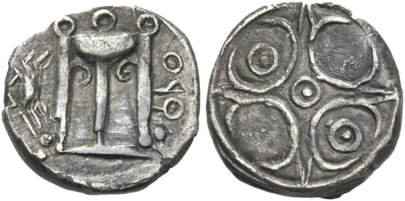 Greek Coins. Croton. 
Diobol circa 525-425, AR 0.96 g. [koppa]PO retrograde Tri...