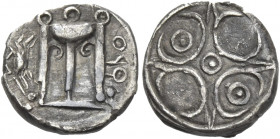 Greek Coins. Croton. 
Diobol circa 525-425, AR 0.96 g. [koppa]PO retrograde Tripod; in l. field, crab. Rev. Four paterae (?). SNG ANS –. Attianese –....
