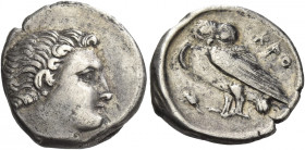 Greek Coins. Croton. 
Octobol (?) circa 300-250, AR 3.03 g. Bare head of river-god Aisaros r. Rev. KPO Owl, with folded wings, standing l. on barley ...