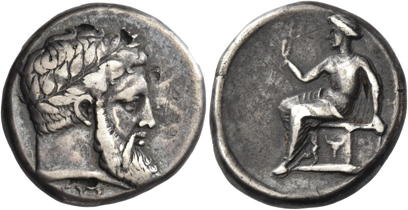 Greek Coins. Locri. 
Plated nomos circa 350-330, AR 6.74 g. Laureate head of Ze...