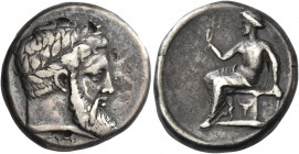 Greek Coins. Locri. 
Plated nomos circa 350-330, AR 6.74 g. Laureate head of Zeus r.; below, [ZE]YΣ. Rev. [ΛOKPΩN] Eirene, holding caduceus, seated l...