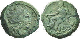 Greek Coins. Medma. 
Bronze 4th century BC, Æ 9.91 g. Female head (the nymph Mesma?) r., wearing triple-pendant earring. Rev. Pan seated l. on rock, ...