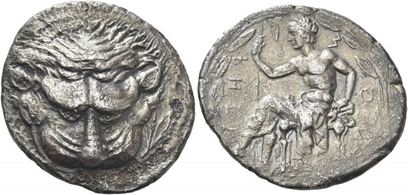 Greek Coins. Rhegium. 
Tetradrachm circa 425-420, AR 16.07 g. Lion's scalp faci...