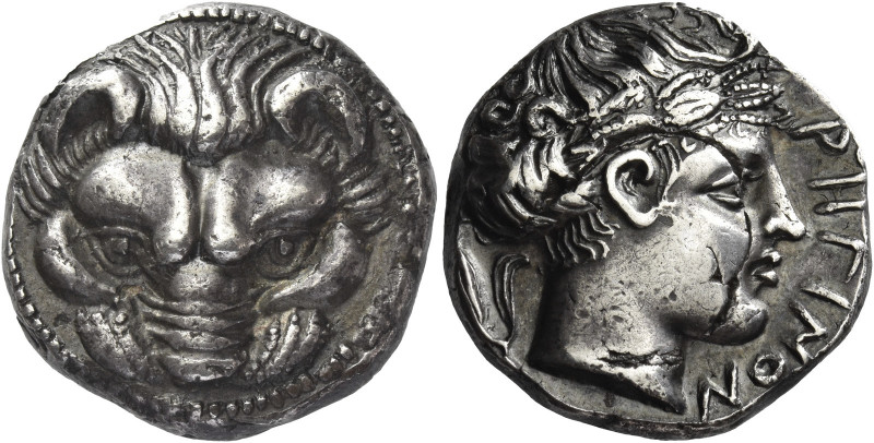 Greek Coins. Rhegium. 
Tetradrachm circa 415/410-387, AR 17.23 g. Lion's scalp ...