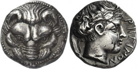 Greek Coins. Rhegium. 
Tetradrachm circa 415/410-387, AR 17.23 g. Lion's scalp facing. Rev. PHΓINOΣ Laureate head of Apollo r.; behind, olive-sprig. ...