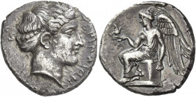 Greek Coins. Terina. 
Nomos circa 420-400, AR 7.36 g. TEPINAION Head of nymph Terina r., hair bound with sphendone. Rev. Nike seated l. on cippus, we...