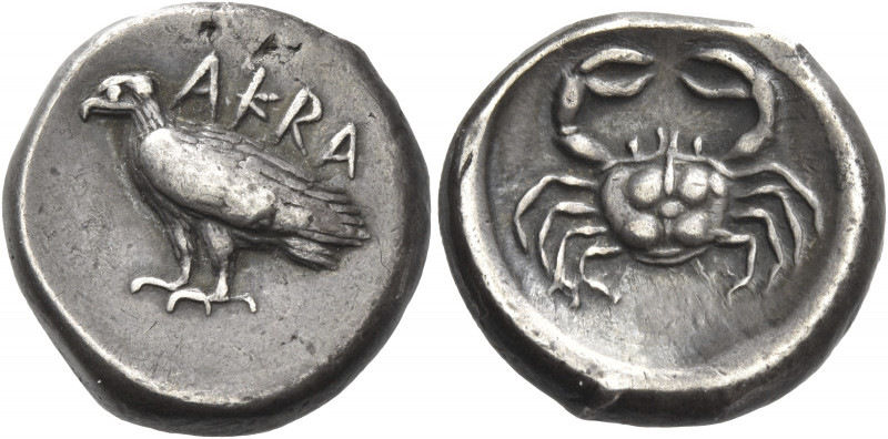 Greek Coins. Sicily, Agrigentum. 
Didrachm circa 495-485, AR 7.51 g. AKPA Sea e...