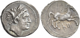 Greek Coins. Sicily, Agrigentum. 
Quarter shekel circa 213-211, AR 2.11 g. Wreathed head of Triptolemos r. Rev. Free horse r.; below, Punic character...
