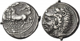 Greek Coins. Camarina. 
Tetradrachm circa 425-405, AR 17.00 g. Prancing quadriga driven l. by charioteer holding reigns with both hands; above, Nike ...