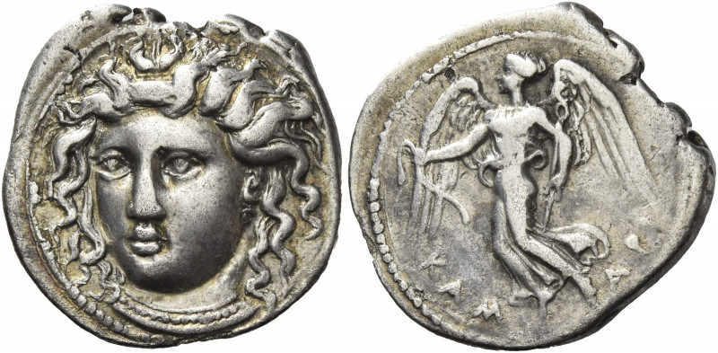 Greek Coins. Camarina. 
Drachm circa 415-405, AR 4.09 g. Bust of the nymph Cama...