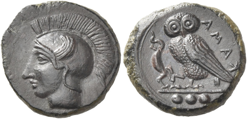 Greek Coins. Camarina. 
Tetras circa 410-405, Æ 3.35 g. Helmeted head of Athena...