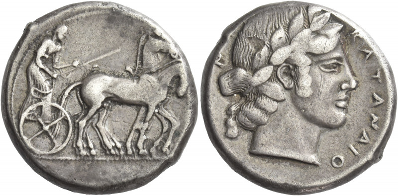 Greek Coins. Catana. 
Tetradrachm circa 450-440, AR 17.18 g. Slow quadriga driv...