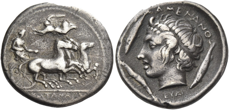 Greek Coins. Catana.
Dracm signed by Euainetos circa 405, AR 3.65 g. KATANAIΩ[N...
