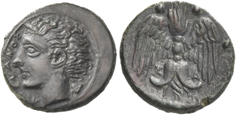 Greek Coins. Catana. 
Tetras circa 405-402 BC, Æ 1.80 g. Head of river-god l. w...