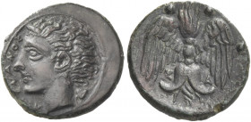 Greek Coins. Catana. 
Tetras circa 405-402 BC, Æ 1.80 g. Head of river-god l. with horn and floating hair; in l. field, AMENANOΣ and behind, ivy-leaf...