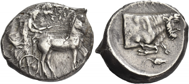 Greek Coins. Gela. 
Tetradrachm circa 430-425, AR 17.15 g. Slow quadriga driven...