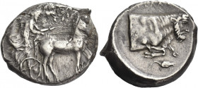 Greek Coins. Gela. 
Tetradrachm circa 430-425, AR 17.15 g. Slow quadriga driven r. by charioteer, holding kentron and reins; above, Nike flying r. an...