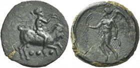 Greek Coins. Himera. 
Tetras circa 420-407, Æ 2.61 g. Nude rider on goat r., holding whip and conch; below, three pellets. Rev. Nike flying l., holdi...