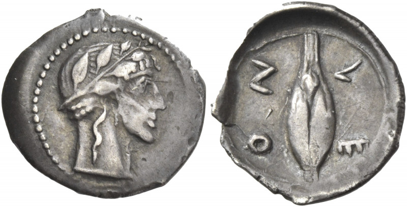 Greek Coins. Leontini. 
Litra circa 450-430, AR 0.78 g. Laureate head of Apollo...