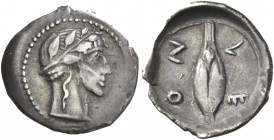 Greek Coins. Leontini. 
Litra circa 450-430, AR 0.78 g. Laureate head of Apollo r. Rev. ΛE – ON Barley grain. SNG Lockett 809. SNG ANS 263. Boehringe...