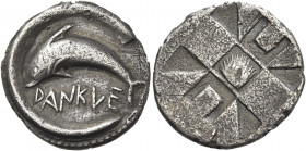Greek Coins. Messana. 
As Zancle under the Samians. Chalcidian drachm circa 500, AR 5.27 g. DANKLE Dolphin swimming l. within sickle-shaped open harb...