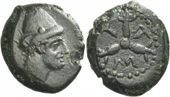 Greek Coins. Mytistraton. 
Bronze circa 344-339, Æ 6.96 g. Head of Hephaestus r., wearing laureate pileus. Rev. M – Y – Y Three rayed wheel. Campana,...
