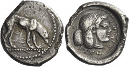 Greek Coins. Segesta. 
Didrachm circa 475-450, AR 8.33 g. Hound standing r., lowering head to ground. Rev. ΣEΓEΣ – TAI – B Head of Aigeste r., hair b...