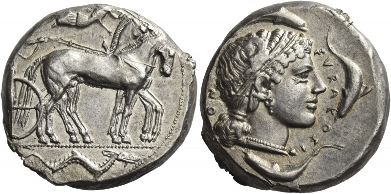Greek Coins. Syracuse. 
Tetradrachm circa 450-400, AR 17.48 g. Charioteer, hold...