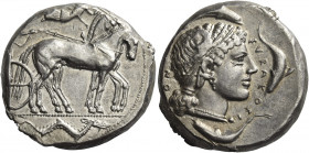 Greek Coins. Syracuse. 
Tetradrachm circa 450-400, AR 17.48 g. Charioteer, holding kentron in r. hand and reins in both, driving slow quadriga r.; ab...