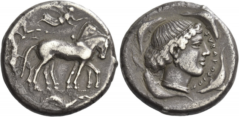 Greek Coins. Syracuse. 
Tetradrachm circa 450-400, AR 17.02 g. Charioteer, hold...