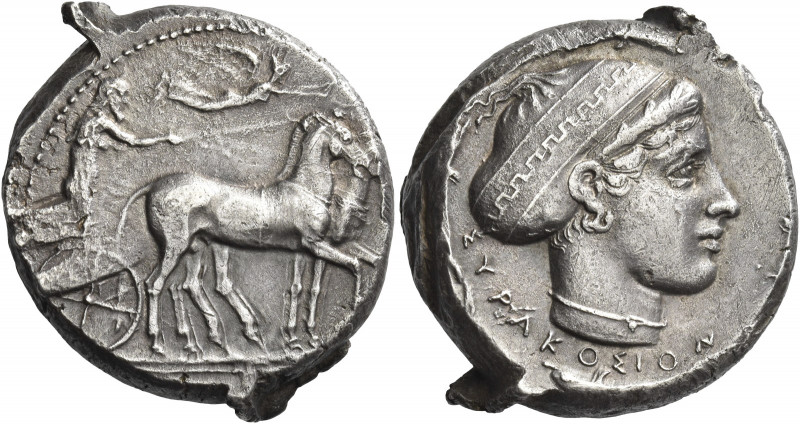 Greek Coins. Syracuse. 
Tetradrachm circa 430-420, AR 17.37 g. Slow quadriga dr...