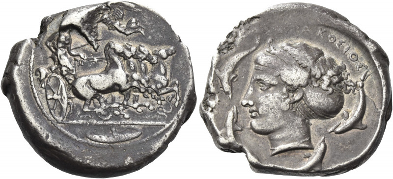 Greek Coins. Syracuse. 
Tetradrachm signed by Euainetos and Eukleidas circa 425...