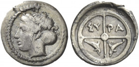 Greek Coins. Syracuse. 
Hemilitra circa 415-405, AR 0.39 g. Head of nymph Arethusa l. Rev. ΣY – PA Wheel of four spokes; below, two dolphins. SNG ANS...
