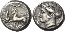 Greek Coins. Syracuse. 
Tetradrachm unsigned work by Eukleidas, circa 413-399, AR 17.21 g. Fast quadriga driven l. by charioteer holding reins and ke...