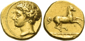Greek Coins. Syracuse. 
50 litrae circa 400, AV 2.87 g. ΣYPA Young male head l.; in r. field, [grain] Rev. [Σ]YPAKOΣION Unbridled horse prancing r. S...