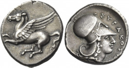 Greek Coins. Syracuse. 
Stater circa 344-338, AR 8.63 g. Pegasus flying l. Rev. ΣYPAKOΣ[IΩN] Helmeted head of Athena r. Calciati, Pegasi 2. SNG ANS 4...