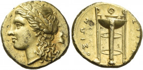 Greek Coins. Syracuse. 
25 Litrae circa 310-305, EL 3.58 g. Laureate head of Apollo l.; in r. field, horse’s head. Rev. ΣYPAK – OΣIΩN Tripod. Jenkins...