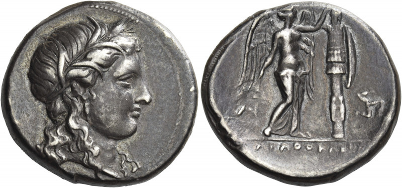 Greek Coins. Syracuse. 
Tetradrachm circa 310-304, AR 16.63 g. Barley-wreathed ...