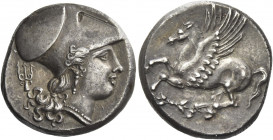 Greek Coins. Syracuse. 
Stater circa 304-289, AR 6.75 g. Helmeted head of Athena r.; in l. field, trident. Rev. Pegasus flying l.; below, thunderbolt...
