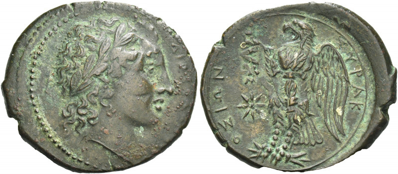 Greek Coins. Syracuse. 
Bronze 288-279, Æ 8.49 g. ΔIOΣ [EΛΛANIOY] Laureate head...