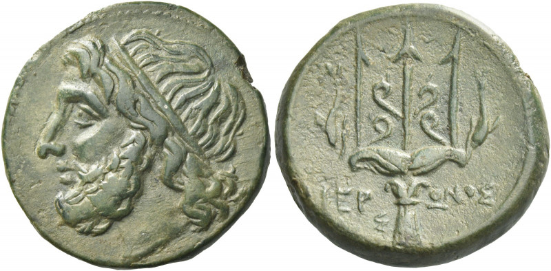 Greek Coins. Syracuse.
Bronze circa 263-218, Æ 8.99 g. Diademed head of Poseido...