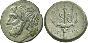 Greek Coins. Syracuse.
Bronze circa 263-218, Æ 8.99 g. Diademed head of Poseidon l. Rev. IER – ONOΣ Trident flanked by two dolphins swimming downward...