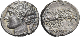 Greek Coins. Syracuse. 
8 litrae 214-212, AR 6.36 g. Head of Kore-Persephone l. Rev. [Σ]YPAKOΣIΩN Prancing quadriga r.; below, AI. AMB 541. Burnett, ...