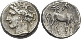 Greek Coins. The Carthaginians in Italy, Sicily and North Africa. 
Shekel, Carthago circa 280-260, AR 7.51 g. Head of Tanit (Kore-Persephone) l., wea...