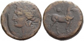 Greek Coins. The Carthaginians in Italy, Sicily and North Africa.
15 Shekels, Carthago circa 201-175, Æ 84.19 g. Wreathed head of Tanit (Kore-Perseph...