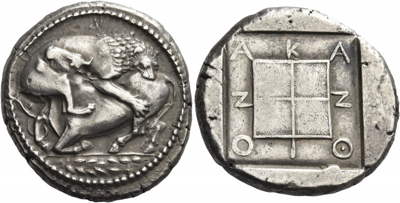 Greek Coins. Macedonia, Acanthus. 
Tetradrachm circa 480-424, AR 17.27 g. Bull ...